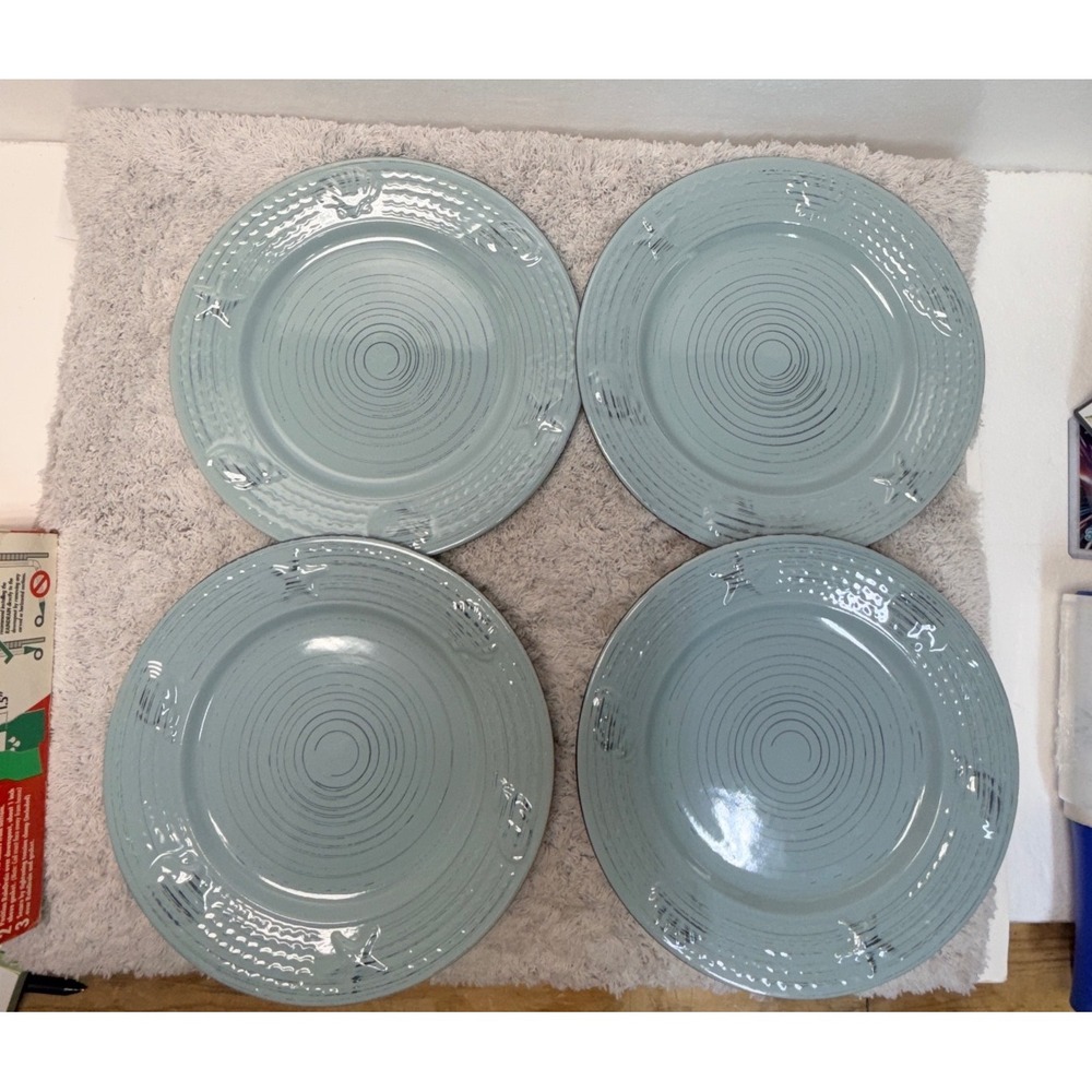 Pfaltzgraff Trellis Coastal Teal Dinner Plates Set of 4 Starfish Shells 11 inch